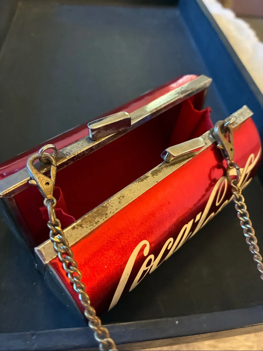 Coca Cola Glossy Red and White Mini Can Purse. With Long chain.